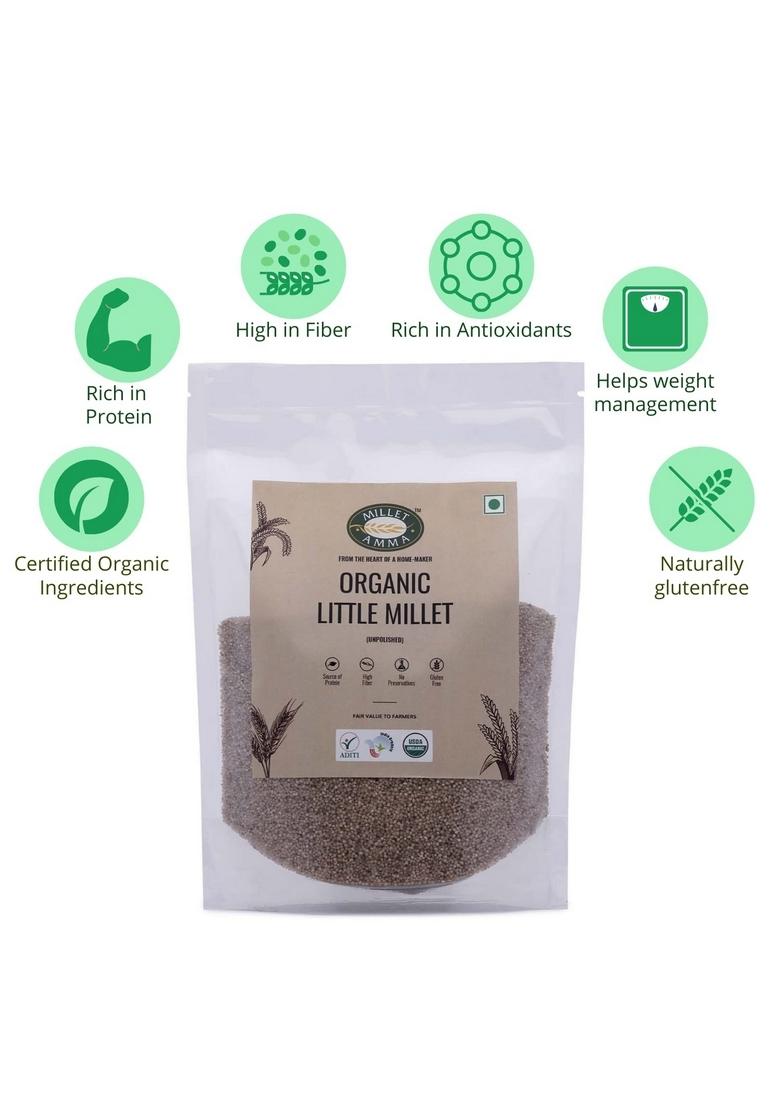 Millet Amma Certified Organic Little | 1 Kg (500G X 2 Packs) Unpolished Grains (Kutki Samai Same Samalu) Suitable For Multiple Recipes 100% Vegan & Gluten Free