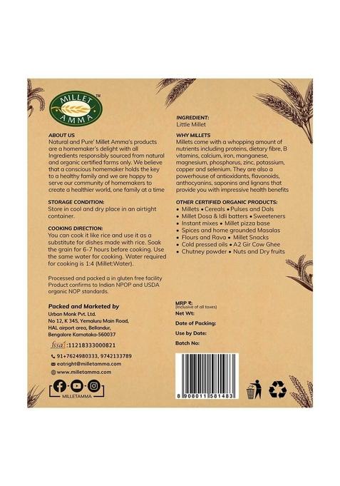 Millet Amma Certified Organic Little | 1 Kg (500G X 2 Packs) Unpolished Grains (Kutki Samai Same Samalu) Suitable For Multiple Recipes 100% Vegan & Gluten Free