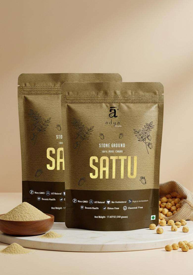 Adya Organics Sattu Powder | Gluten Free Roasted Black Chana Flour 100% Natural & L Atta With High Fiber Drink 500Gm (Pack Of2) - Indya
