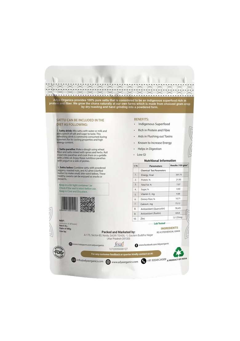 Adya Organics Sattu Powder | Gluten Free Roasted Black Chana Flour 100% Natural & L Atta With High Fiber Drink 500Gm (Pack Of2) - Indya