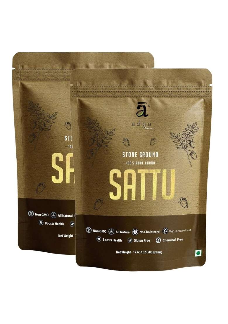 Adya Organics Sattu Powder | Gluten Free Roasted Black Chana Flour 100% Natural & L Atta With High Fiber Drink 500Gm (Pack Of2) - Indya