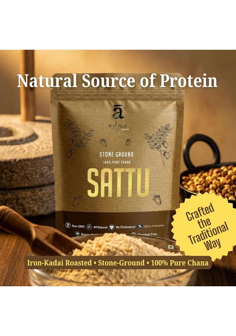 Adya Organics Sattu Powder | Gluten Free Roasted Black Chana Flour 100% Natural & L Atta With High Fiber Drink 500Gm (Pack Of2) - Indya