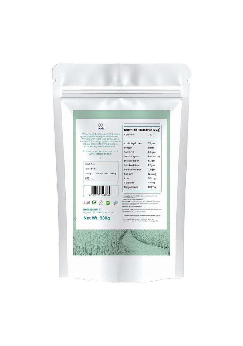 Rootz Organics Sprouted Jowar Flour 900G | Stone-Ground Sorghum Atta High Fibre, Gluten-Free Easy To Digest Ideal For Rotis, Dosas & Healthy Cooking