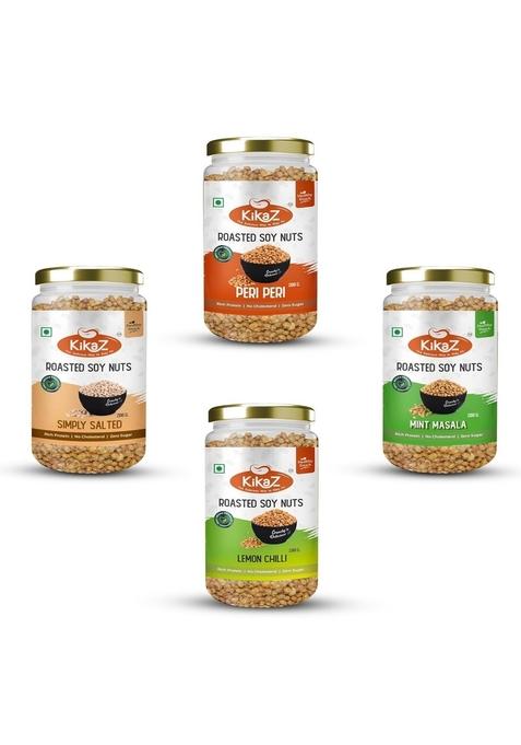 Kikaz Roasted Soyabean 800G Pack Of 4 Jar (200G Each) | Simply Salted, Mint Masala, Peri Peri, Lemon Chilli Flavored High Protein & Gluten-Free Not Fried Tasty, Healthy Namkeen Snack