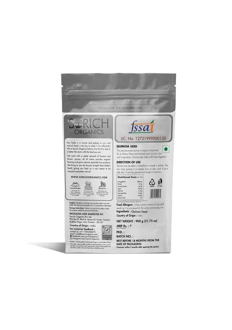 Sorich Organics Quinoa Seeds 900 Gm - Protein & Fiber Rich Superfood | Diet Food Cereal For Breakfast Gluten Free - Indya