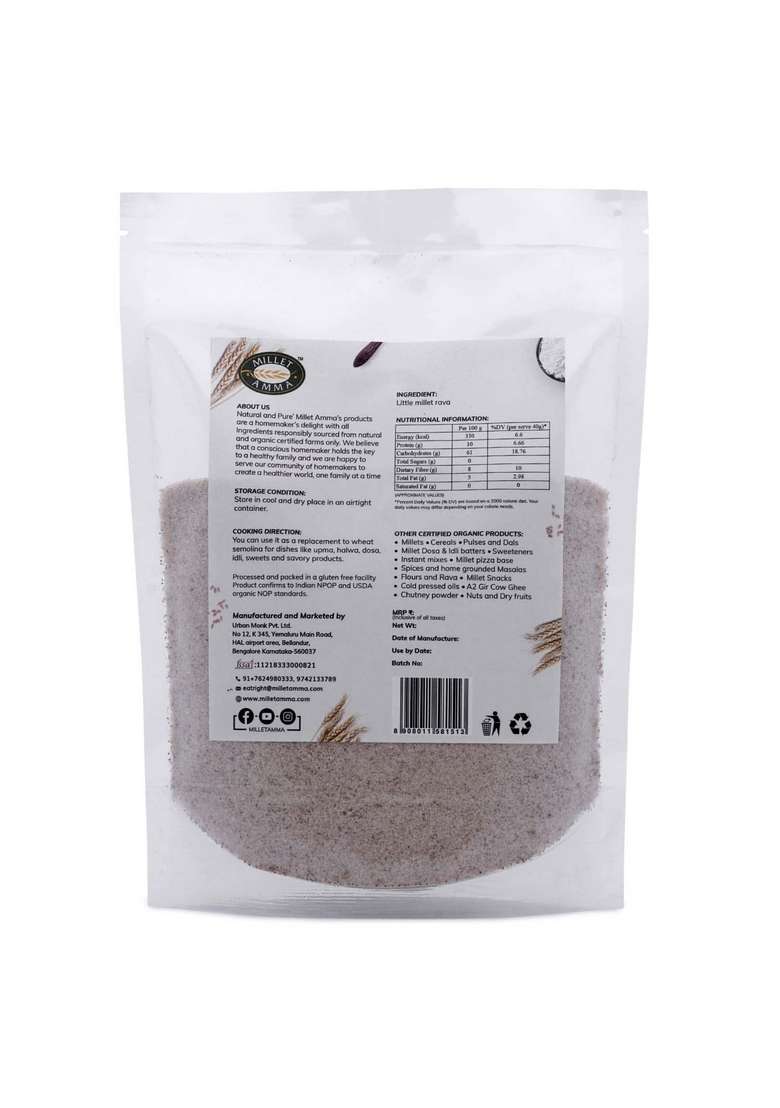 Millet Amma Certified Organic Little Rava | 1000 Gm Stone Ground Made With Unpolished Grains ( Kutki Samai Same Samalu ) Suitable For Multiple Recipes 100% Vegan & Gluten Free Rice In Proteins - Indya