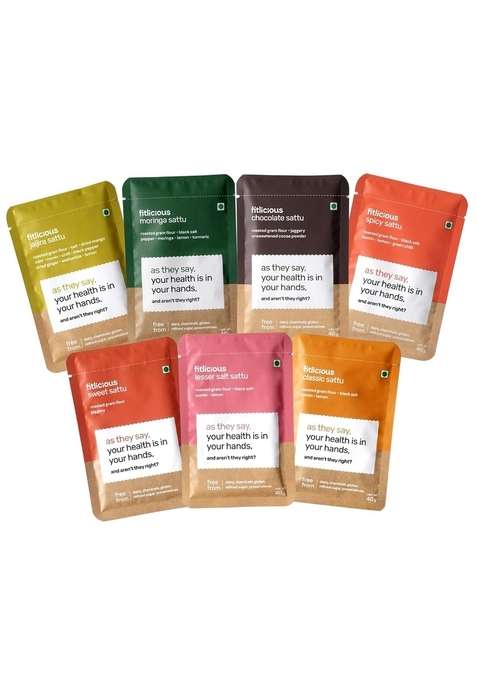 Fitlicious Assorted Sattu Powder | Bihari Chana Natural & Organic Gluten-Free, Non-Gmo High Protein Fiber Instant Premix Healthy Drink For All Ages Pack Of 7 X 40G Sachets