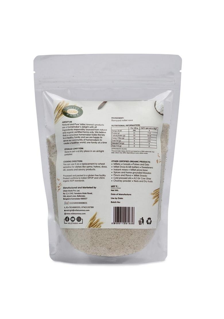 Millet Amma Certified Organic Barnyard Rava 1000 Gms ( Sujji ) | Stone Ground Healthy Diet Food Suitable For Multiple Recipes Upma , Idly Gluten Free, High Fiber, No Preservatives