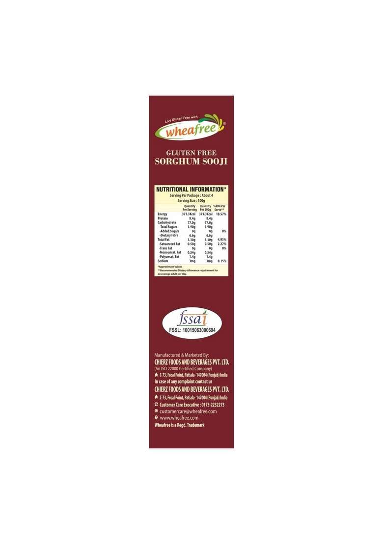 Wheafree Gluten Free Sorghum Sooji (Pack Of 2 X 400G Each) | Rich In Vitamins, Iron, Minerals & Micronutrients Fiber And Protein Diabetic Friendly - Indya