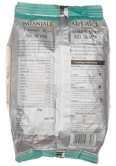 Patanjali Basmati Rice Silver Long Grain With Rich Pleasant Aroma, Nutrient Rich, Gluten-Free