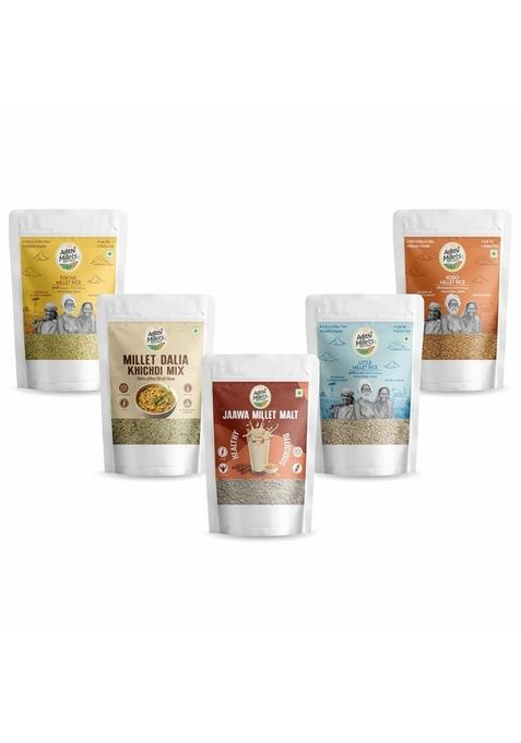 Adithi Millets 5-In-1 Combo Trial Pack (500G Gross Weight) Â€“ Foxtail, Kodo, Little, Millet Dalia Khichdi Mix & Jaawa Malt | Gluten-Free Whole Grain Sample Kit Easy-To-Cook Healthy Travel