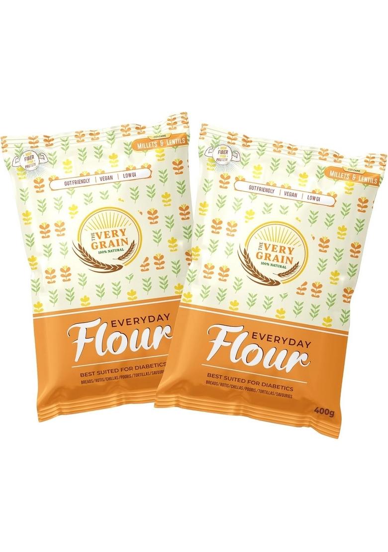The Very Grain Everyday 0% Wheat Flour No Low Gi Contains Barley, Jowar, Ragi, Bajra Millets & Green Lentils Makes Fluffy Chapatis Boost Digestion | Diabetic Friendly Atta Pack Of 2 (400 Grams Each)