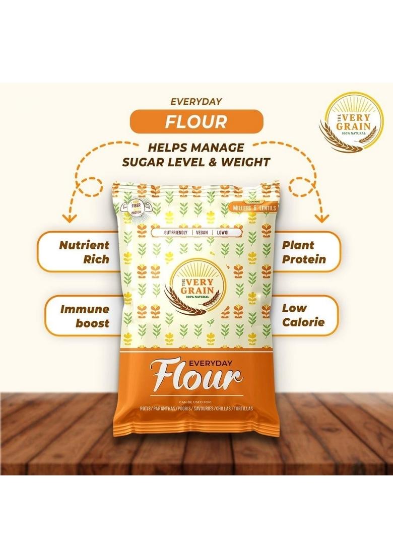 The Very Grain Everyday 0% Wheat Flour No Low Gi Contains Barley, Jowar, Ragi, Bajra Millets & Green Lentils Makes Fluffy Chapatis Boost Digestion | Diabetic Friendly Atta Pack Of 2 (400 Grams Each)