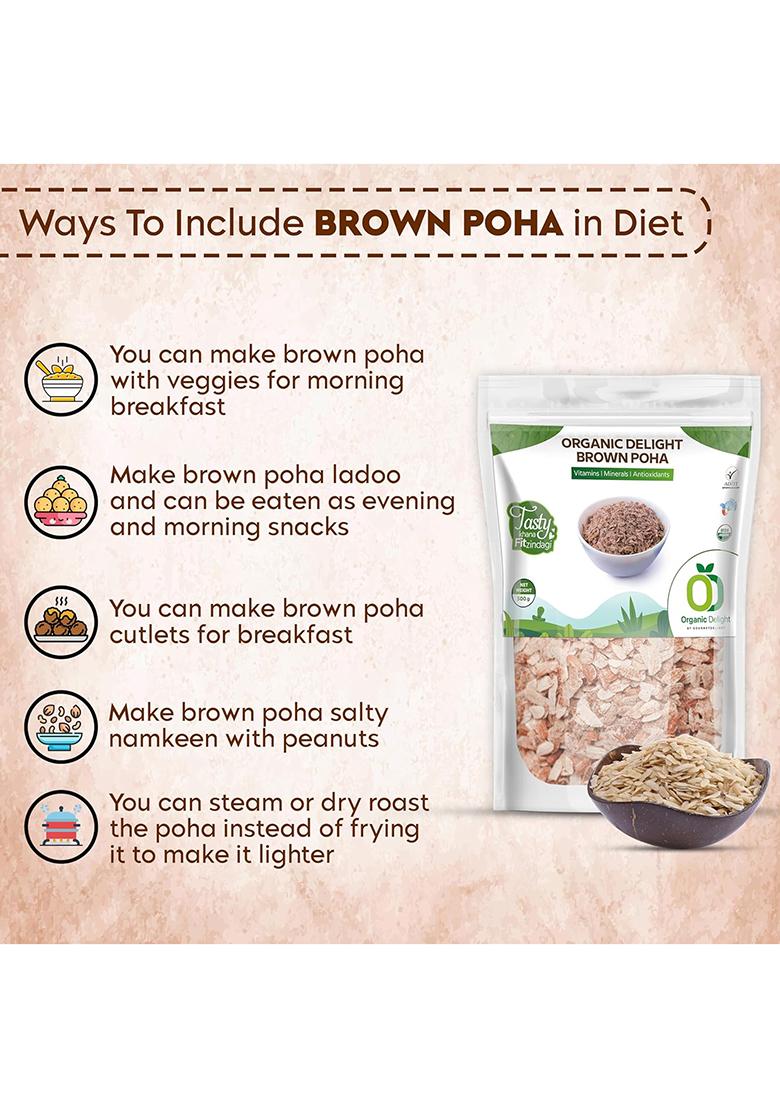 Organic Delight Thick Brown Poha 1 Kg Fresh Brown Rice Poha For Weight Loss | Nutritious Flakes Flattened Rice, Avalakki | Healthy Breakfast, Diet, Fibre Boosts