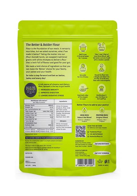 The Better Flour – Vitamin Rich Spinach Flour, Healthy Low Carb Atta | Protein & Vitamin Rich | Gluten Free Multigrain Flour | Easy To Cook Multigrain Atta (500 Gm)