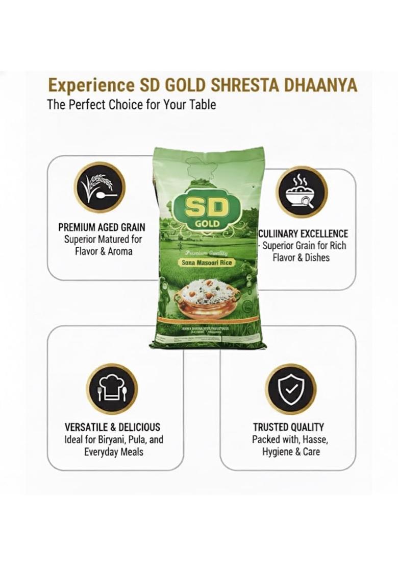 Shresta Dhaanya Gold Sona Masoori Rice, Naturally Sourced, Fluffy And Non-Sticky, Perfect For Indian Cuisine, Superior Taste And Aroma, 10 Kg