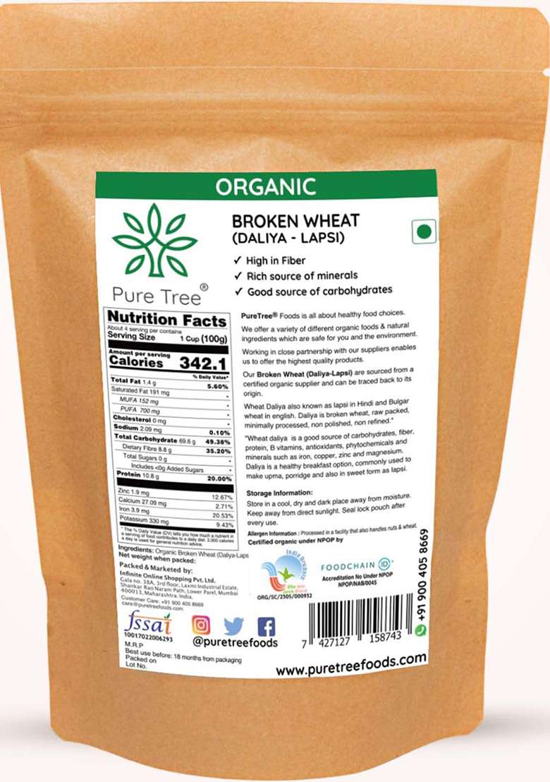 Pure Tree Certified Organic Wheat Daliya Lapsi | 850 G | Broken Bulgur Wheat | Godhuma Daliya | Gehoon | For Upma, Porridge, Khichdi - Indya