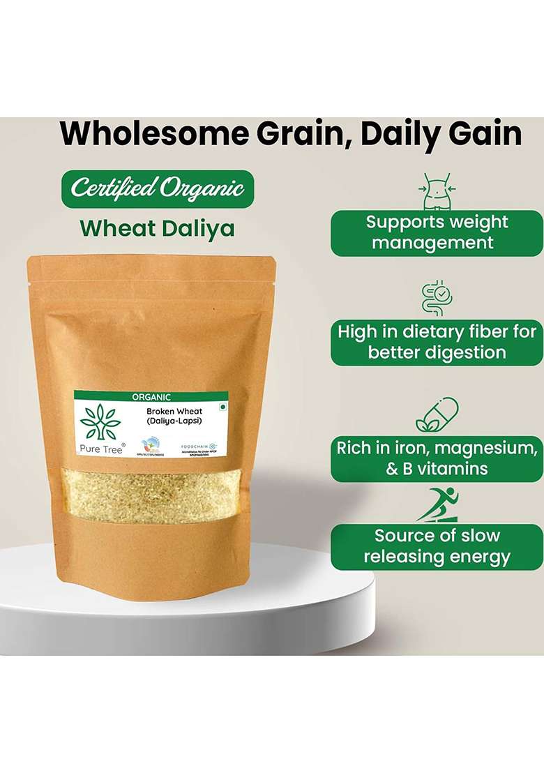 Pure Tree Certified Organic Wheat Daliya Lapsi | 850 G | Broken Bulgur Wheat | Godhuma Daliya | Gehoon | For Upma, Porridge, Khichdi - Indya