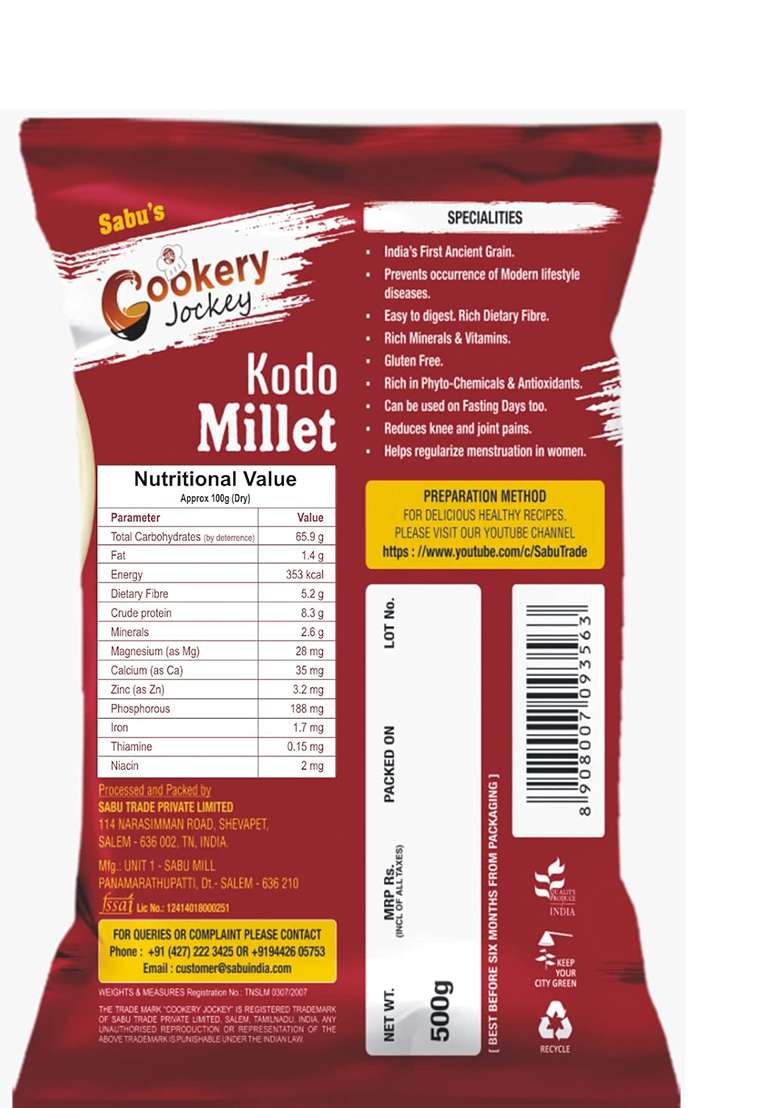 Cookery Jockey Gluten Free Millets Kodra, Varagu, Kodu, Arka 500Gm (Kodo Millet) - Indya