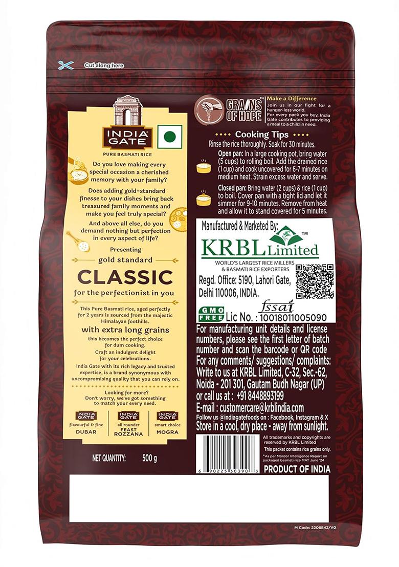 India Gate Gold Standard Classic Basmati Rice 500 Gram | 2 Years Aged | Extra Long Grains