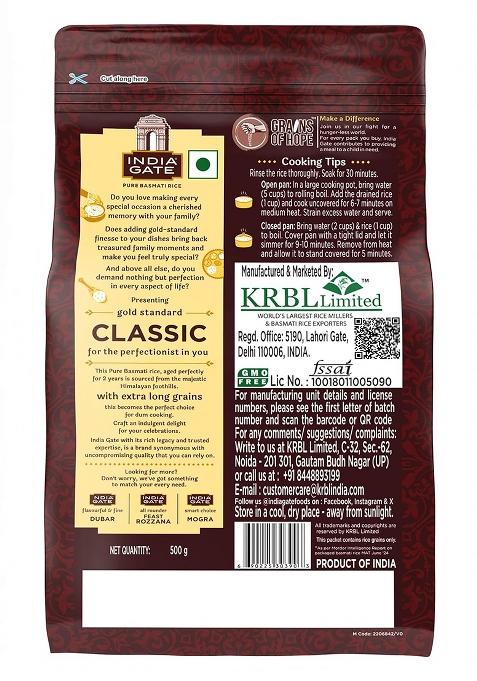 India Gate Gold Standard Classic Basmati Rice 500 Gram | 2 Years Aged | Extra Long Grains