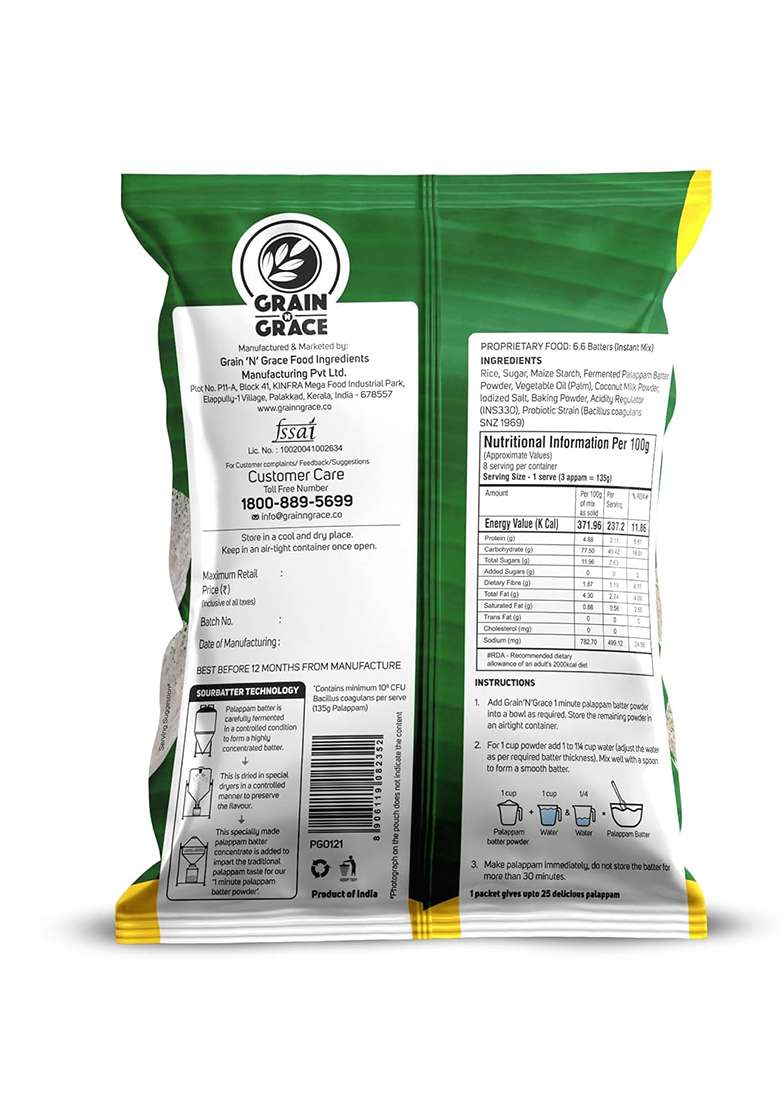 Grain N Grace 1 Minute Palappam Batter Powder (500G) - Indya