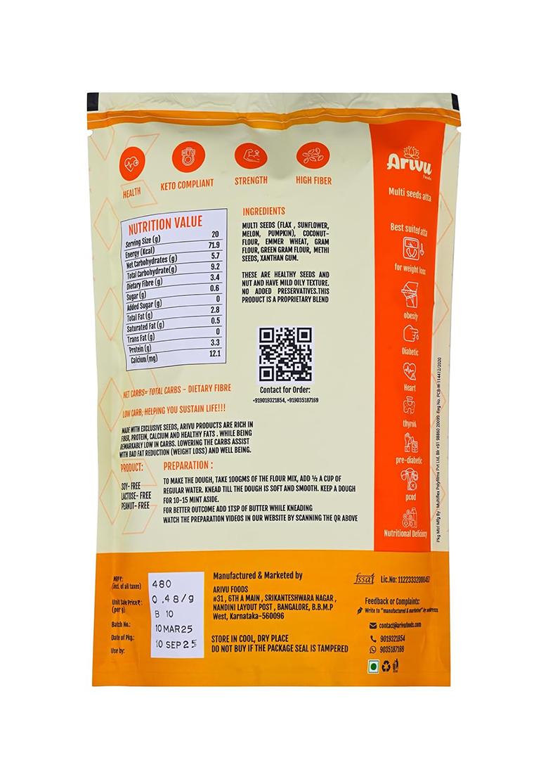 Arivu Foods Multi Seed Atta – Whole Ground Flax, Sunflower, Melon & Pumpkin Seeds – High-Fiber, Protein-Rich Diet Flour – 1Kg