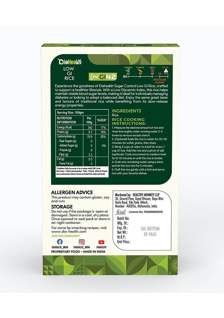 Diahealth Sugar Control Low Gi Rice For Diabetics,1 Kg, Low Glycemix Index (42) & High Protein, Taste Just Like Regular Rice, Pre-Biotic For Weight Loss, 500G Pack Of 2