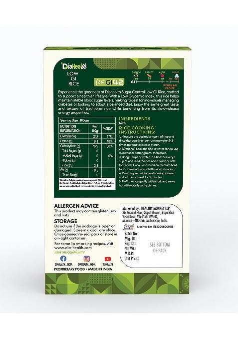 Diahealth Sugar Control Low Gi Rice For Diabetics,1 Kg, Low Glycemix Index (42) & High Protein, Taste Just Like Regular Rice, Pre-Biotic For Weight Loss, 500G Pack Of 2