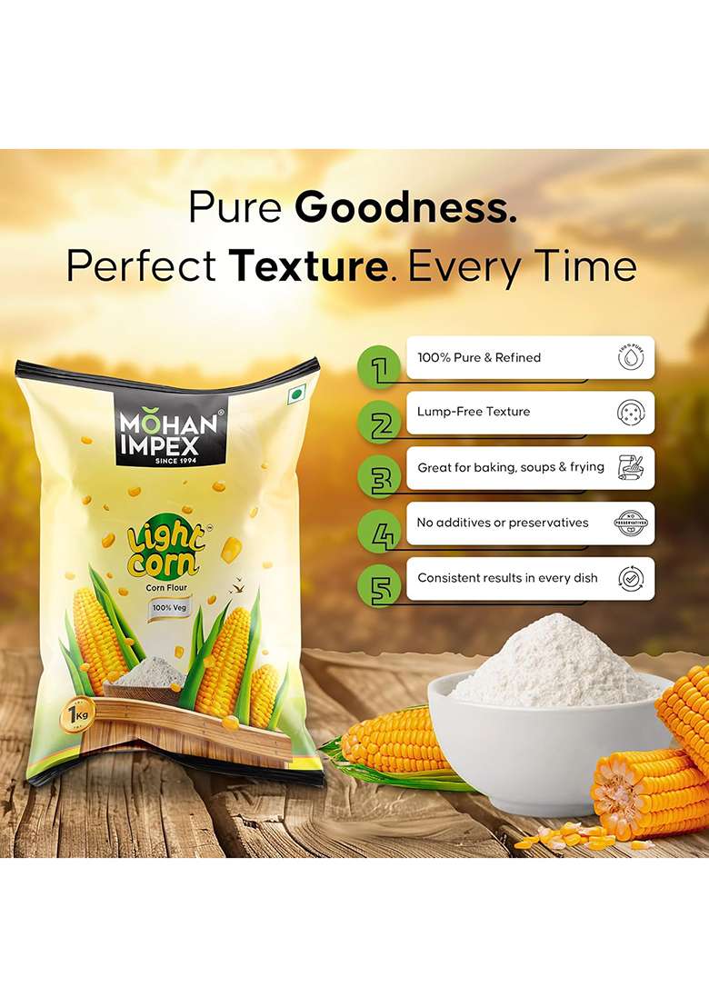 Mohan Impex Corn Flour 1Kg | Fresh Makki Maize Starch Powder | Gluten-Free & Organic | Best For Baking, Soups, Cakes & Frying | Natural Thickening Agent [Horeca Pack] - Indya