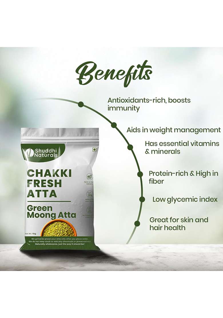 Shuddhi Natural Green Moong Atta (1Kg) | 100% Pure Green Moong Dal Flour | High Protein & Fibre | Ideal For Chilla, Pancakes, Pakoras & Savory Recipes - Indya