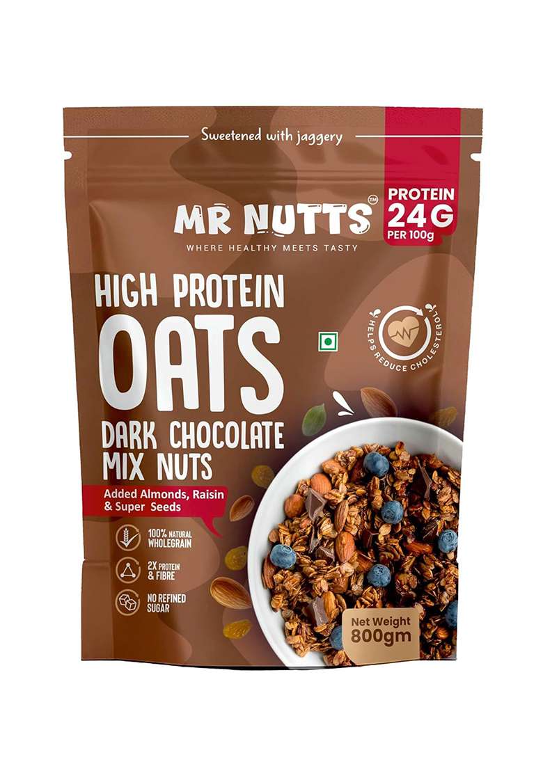 Mr Nutts Premium High Protein Oats - Dark Chocolate Mix Nuts | 24G Protein Per 100G | Added Almonds, Raisins & Super Seeds | Sweetened With Jaggery |Healthy Oats 800G - Indya