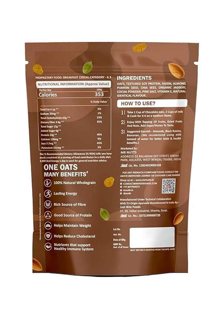 Mr Nutts Premium High Protein Oats - Dark Chocolate Mix Nuts | 24G Protein Per 100G | Added Almonds, Raisins & Super Seeds | Sweetened With Jaggery |Healthy Oats 800G - Indya