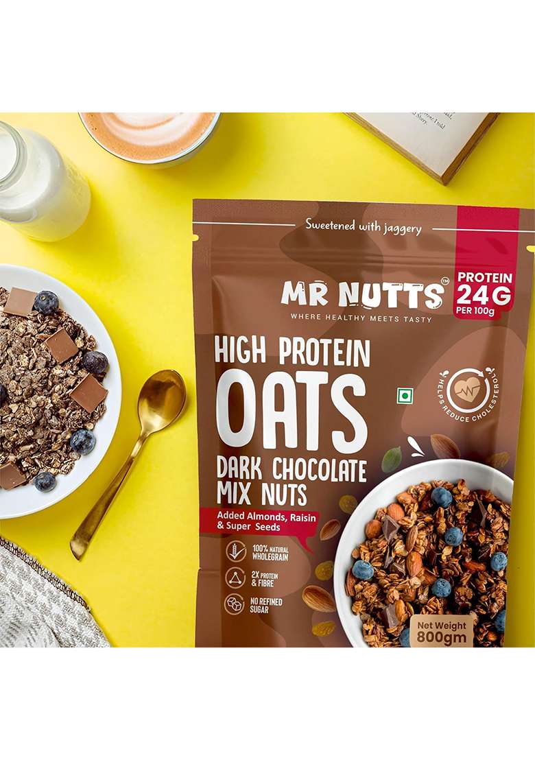 Mr Nutts Premium High Protein Oats - Dark Chocolate Mix Nuts | 24G Protein Per 100G | Added Almonds, Raisins & Super Seeds | Sweetened With Jaggery |Healthy Oats 800G - Indya
