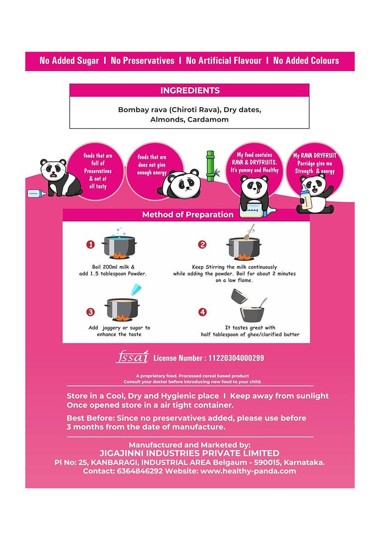 Healthy Panda Rava & Dryfruit Porridge Mix |400G| – Blended With |Dates-Almond & Elaichi|, Nutrient-Rich Sooji Rava & Dry Fruit Powder, Ideal For Kids, Nutritious Kids Cereal For Overall Growth & Development.