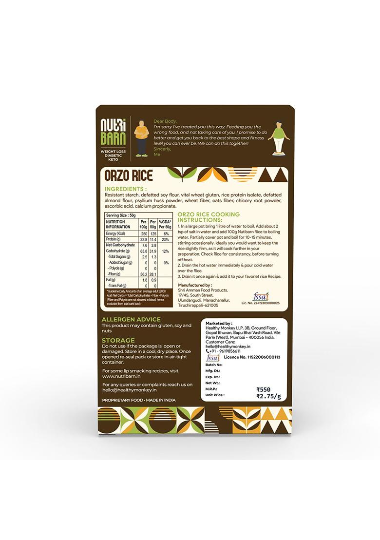 Nutribarn Keto Orzo Rice, 200 Gms, 1 Pack, 3.8G Net Carb & 23% High Protein/Serving, Identical To Regular Rice, Ultra Low Carb, Pre-Biotic High Fibre, Low Gi, Keto Diet, Weight Loss, Diabetic Friendly