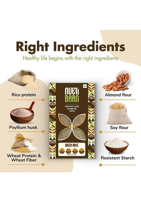 Nutribarn Keto Orzo Rice, 200 Gms, 1 Pack, 3.8G Net Carb & 23% High Protein/Serving, Identical To Regular Rice, Ultra Low Carb, Pre-Biotic High Fibre, Low Gi, Keto Diet, Weight Loss, Diabetic Friendly