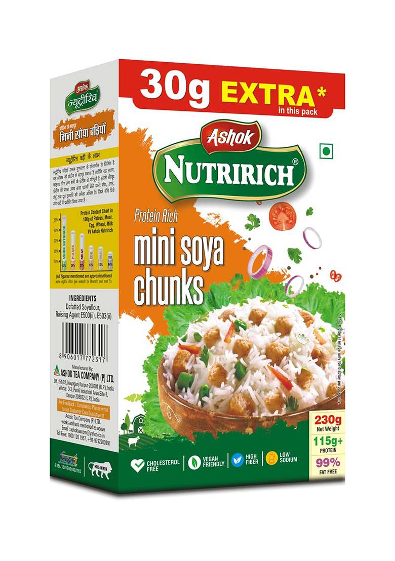 Ashok Nutririch Mini Soya Chunks 230 Grams 115 Grams+Protein | 99% Fat Free |Cholesterol Free | Vegan Friendly | High Fiber (Mini Soya Chunks 230 Grams Pack Of 1) - Indya