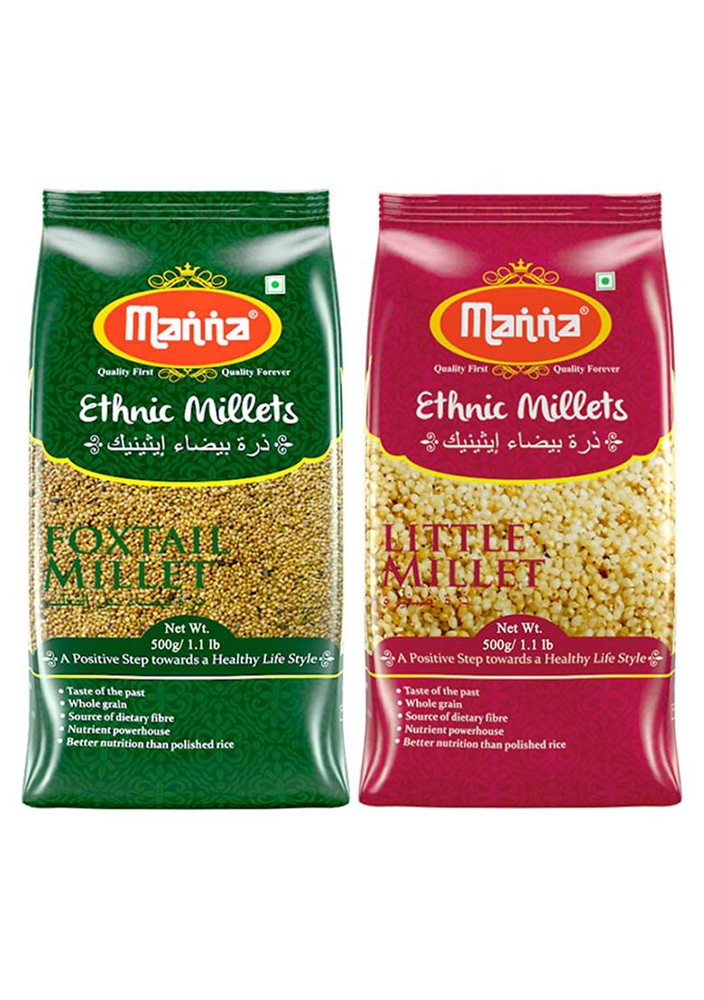 Manna Millets 1Kg Combo Pack Of 2 | Natural Grains | Unpolished Millets | Foxtail 500G, Little 500G | Low Gi Native Rice | High Protein & More Fibre Than Rice (Foxtail + Little)