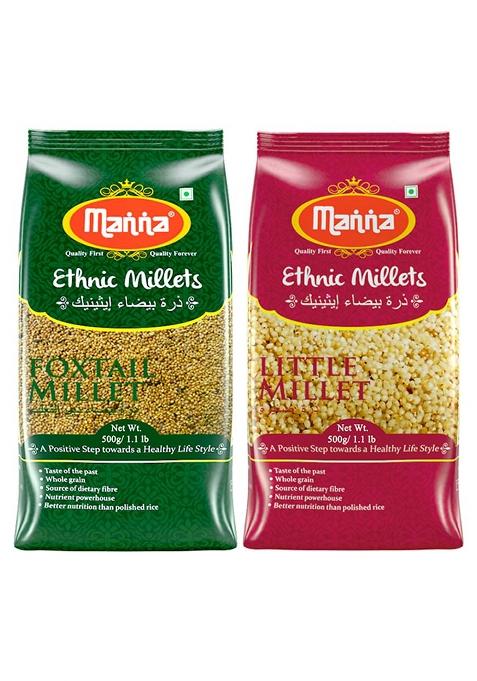 Manna Millets 1Kg Combo Pack Of 2 | Natural Grains | Unpolished Millets | Foxtail 500G, Little 500G | Low Gi Native Rice | High Protein & More Fibre Than Rice (Foxtail + Little)