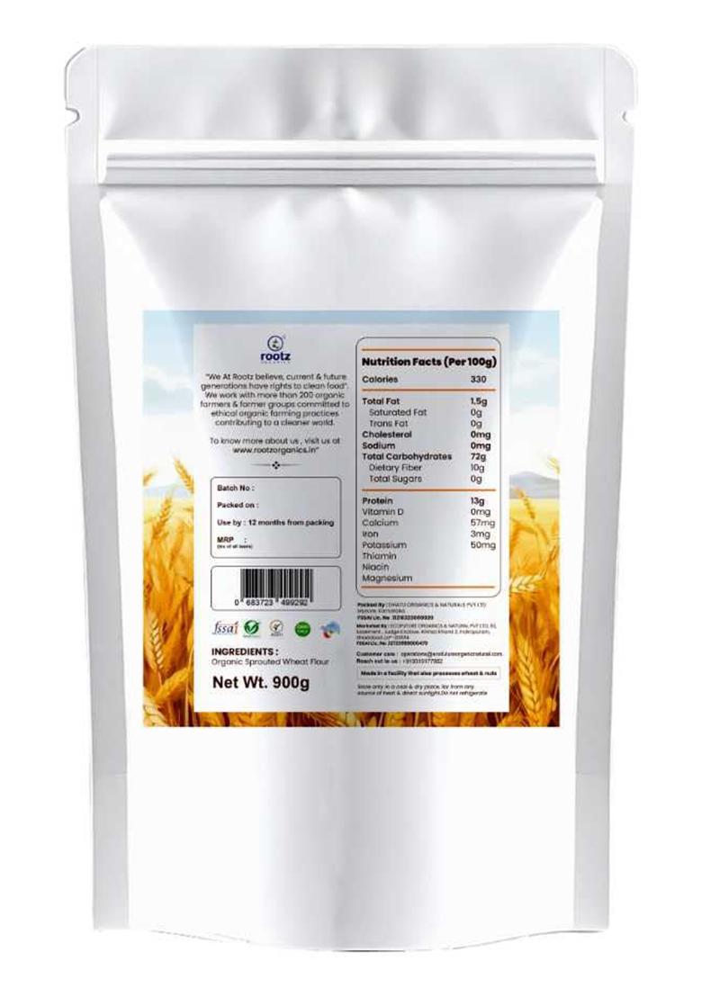 Rootz Organics Sprouted Wheat Flour 900Gm With 100% Whole Lokwan Grains | Soaked Sprouted Dried And Cold Milled | Easy To Digest, Prevents Bloating, High In Nutrients & Fibre For Soft Rotis/Chapatis