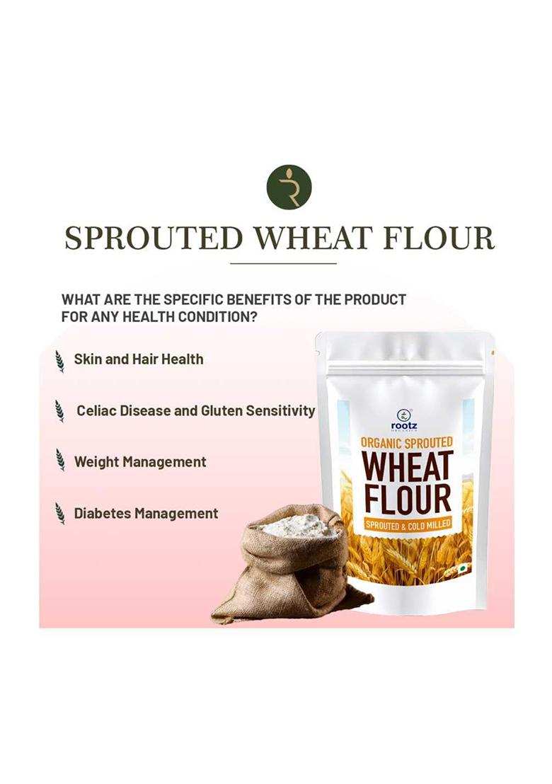 Rootz Organics Sprouted Wheat Flour 900Gm With 100% Whole Lokwan Grains | Soaked Sprouted Dried And Cold Milled | Easy To Digest, Prevents Bloating, High In Nutrients & Fibre For Soft Rotis/Chapatis