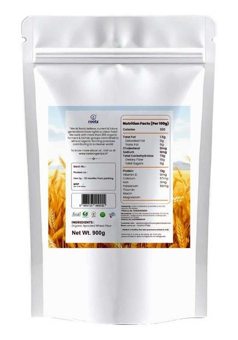 Rootz Organics Sprouted Wheat Flour 900Gm With 100% Whole Lokwan Grains | Soaked Sprouted Dried And Cold Milled | Easy To Digest, Prevents Bloating, High In Nutrients & Fibre For Soft Rotis/Chapatis