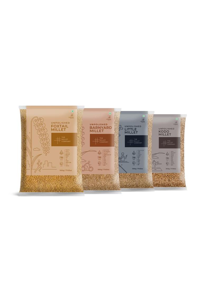 The Millet Company Unpolished Millet Combo Foxtail, Barnyard, Kodo And Little Millet, Combo Pack Of 4 [500G X 4], Natural Farm Grown