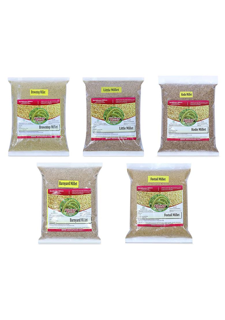Shridhanya Unpolished Millets 5Kg-Natural Grains Combo Pack Of 5|Foxtail Millet 1Kg., Kodo Millet 1Kg, Barnyard Millet 1Kg, Browntop Millet 1Kg, Littel Millet 1Kg,Nutrient Powerhouse, High Protein