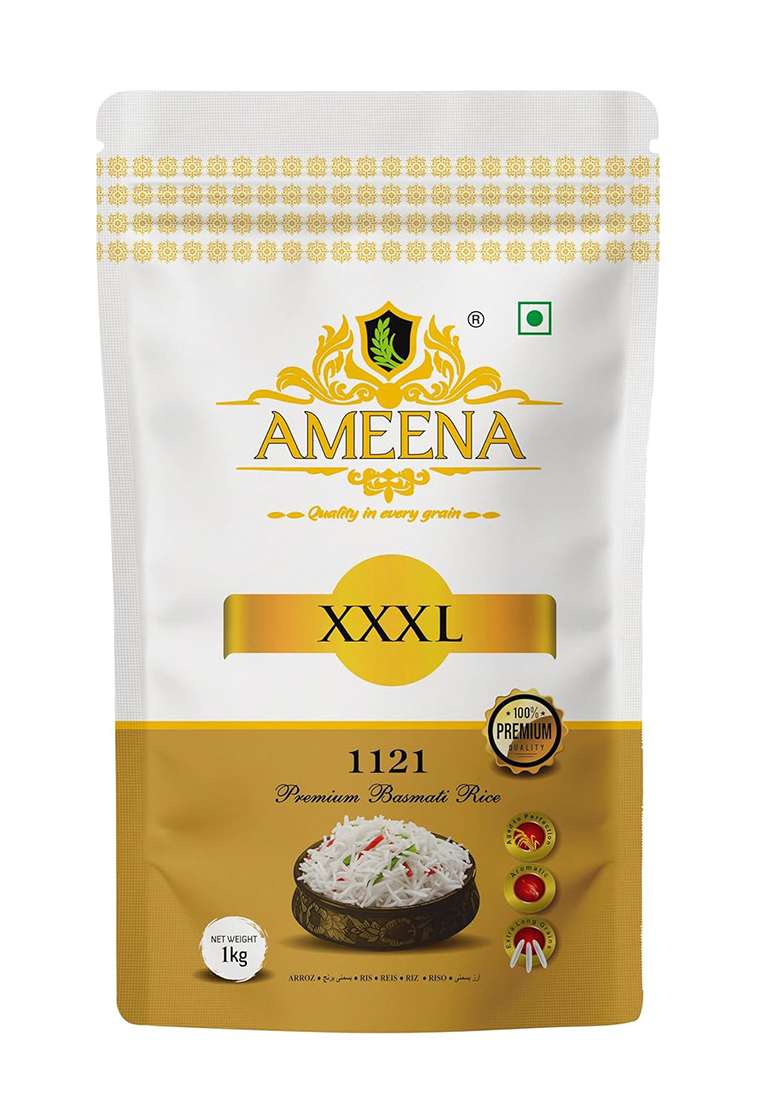 Ameena Xxxl Premium Basmati Rice 1121 Extra Long Grain Expands 25Mm After Cooking Suitable For Finest Pulav Rice (1 Kg) - Indya