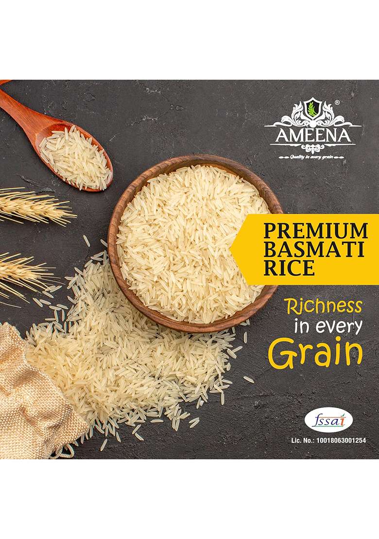 Ameena Xxxl Premium Basmati Rice 1121 Extra Long Grain Expands 25Mm After Cooking Suitable For Finest Pulav Rice (1 Kg) - Indya