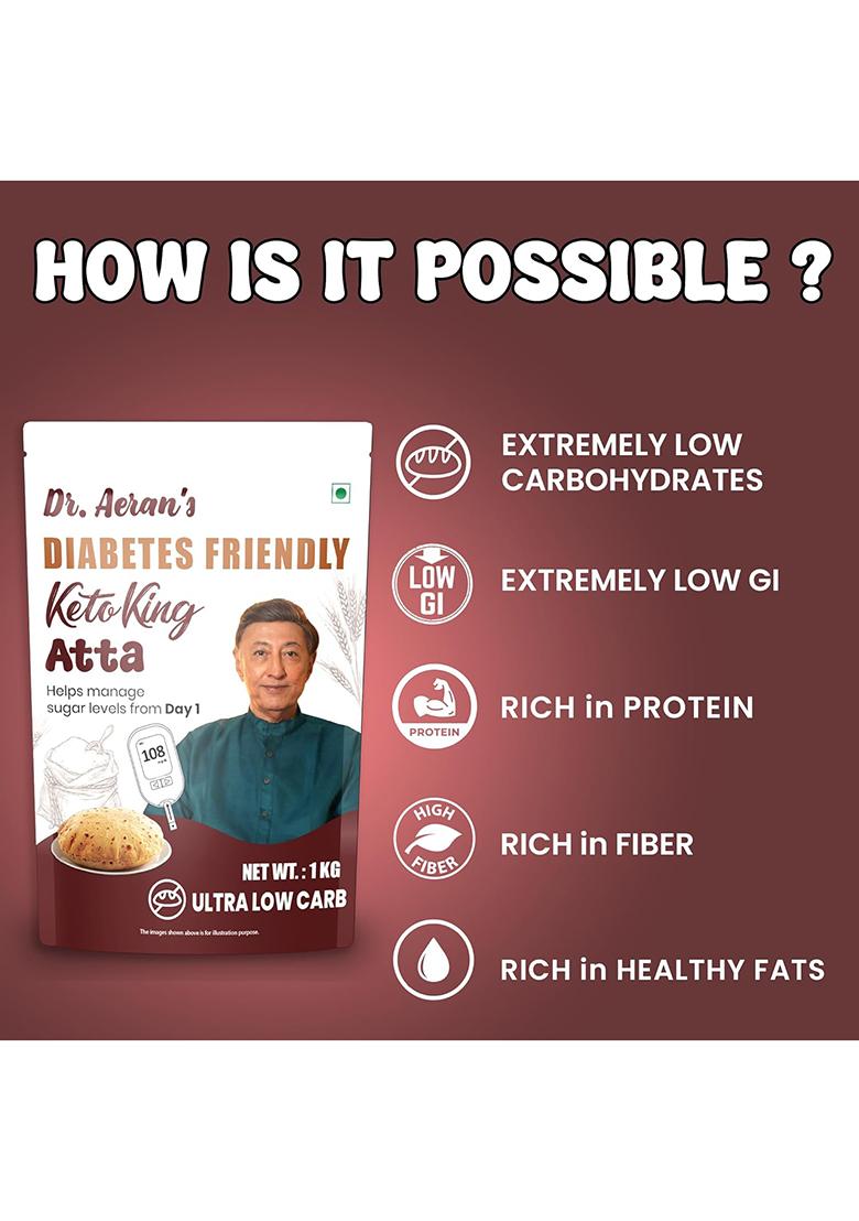 Dr. Aeran'S Diabetes Friendly Keto King Atta, Ultra Low Carb, Low Gi Atta For Sugar Release Control, Diabetic Atta For Diabetic Care, High Fiber Flour, Sugar Control Keto Atta, Pack Of 2