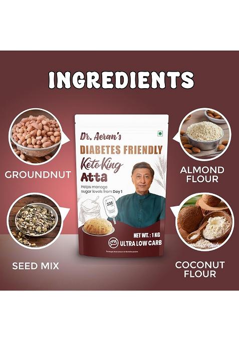 Dr. Aeran'S Diabetes Friendly Keto King Atta, Ultra Low Carb, Low Gi Atta For Sugar Release Control, Diabetic Atta For Diabetic Care, High Fiber Flour, Sugar Control Keto Atta, Pack Of 2