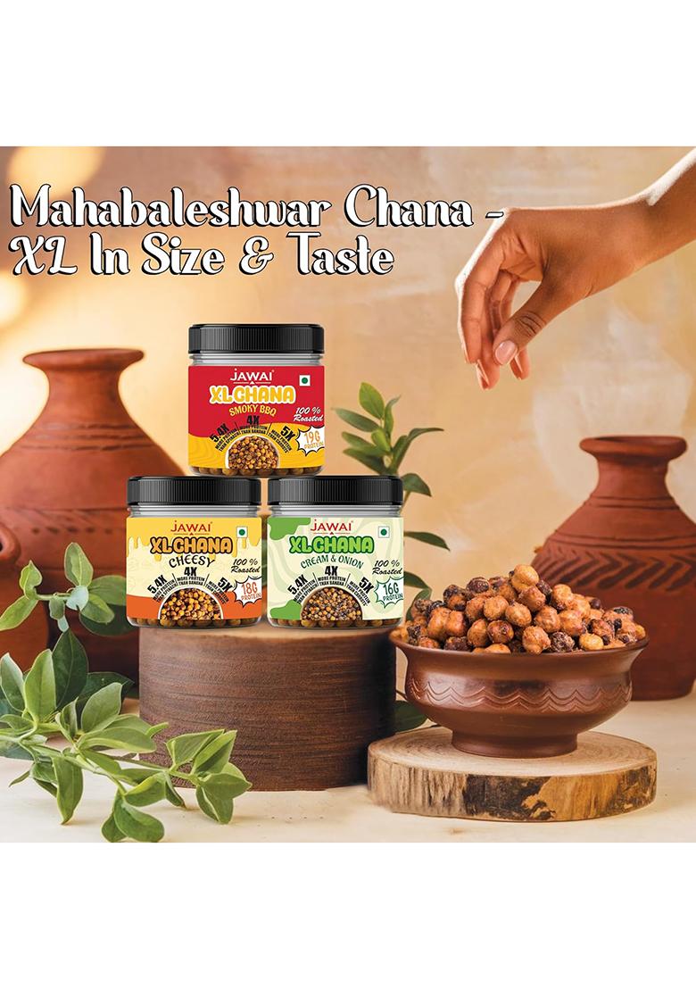 Jawai Xl Roasted Chana | 19G High Protein Super Snack | Roasted Mahabaleshwar Chana | Guilt-Free Snacking | Xl Size Crunchy Healthy Snack | 3 Flavors